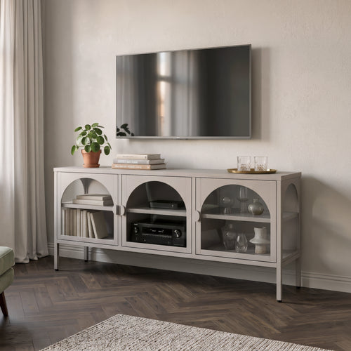 Vetrina Bassa Klippestad a 3 Ante in Vetro Credenza con 4 Scomparti 118 x 35 x 55 cm - Grigio Caldo [en.casa]


