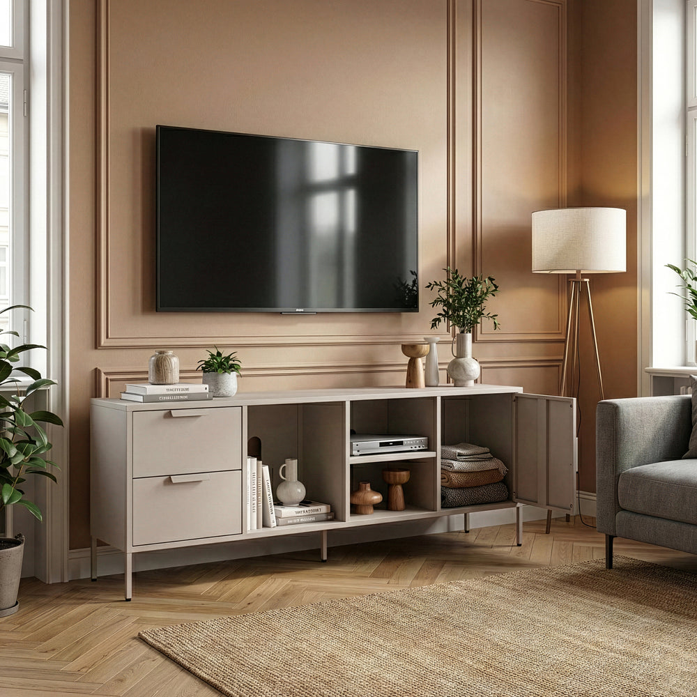 Mobile TV Kliri con 2 Cassetti Scomparti e Anta 150 x 35 x 58 cm in Acciaio - Color Cammello [en.casa]