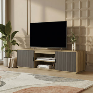 Mobile Porta TV Trömi a 2 Ante e Vani Aperti 150 x 40 x 43 cm - Effetto Rovere/Grigio [en.casa]