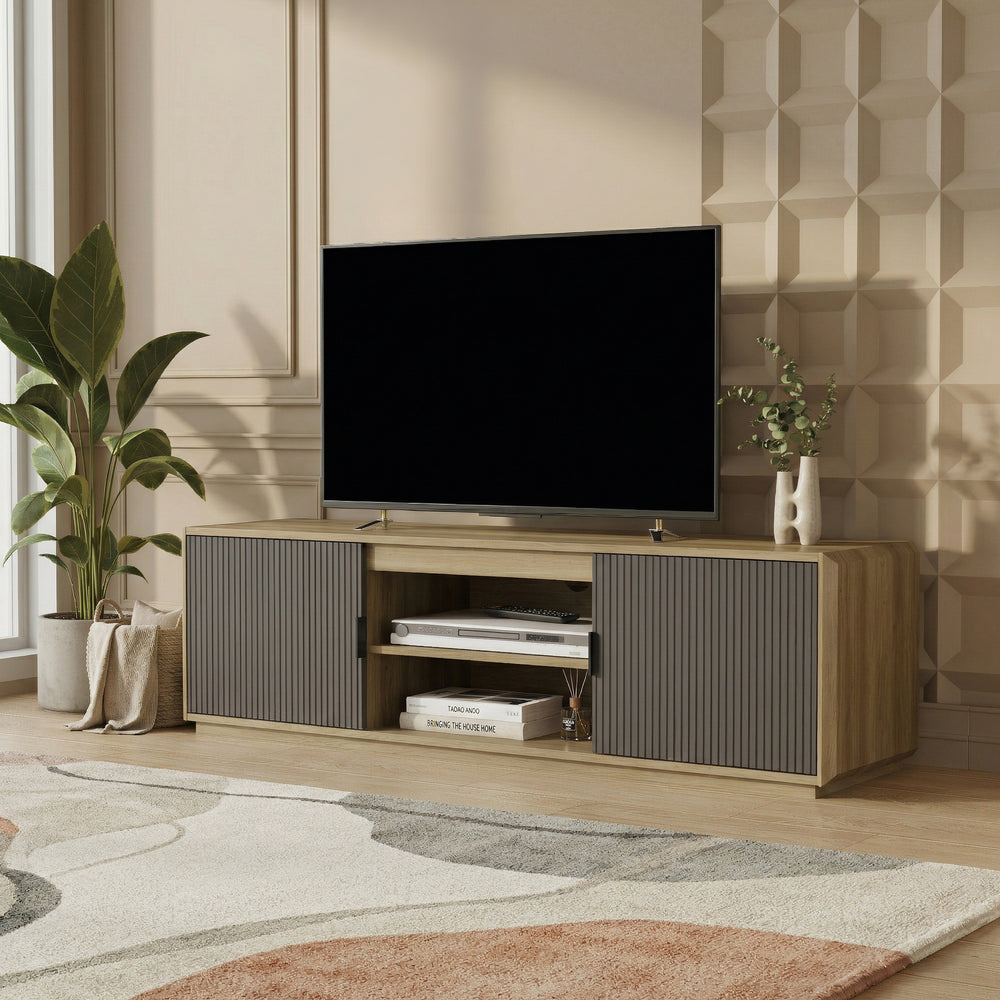Mobile Porta TV Trömi a 2 Ante e Vani Aperti 150 x 40 x 43 cm - Effetto Rovere/Grigio [en.casa]
