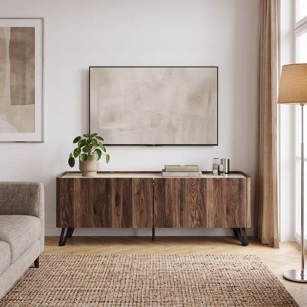Mobile Porta TV Trorlon a 4 Ante 160x40x55 cm - Effetto Noce/Travertino [en.casa] 