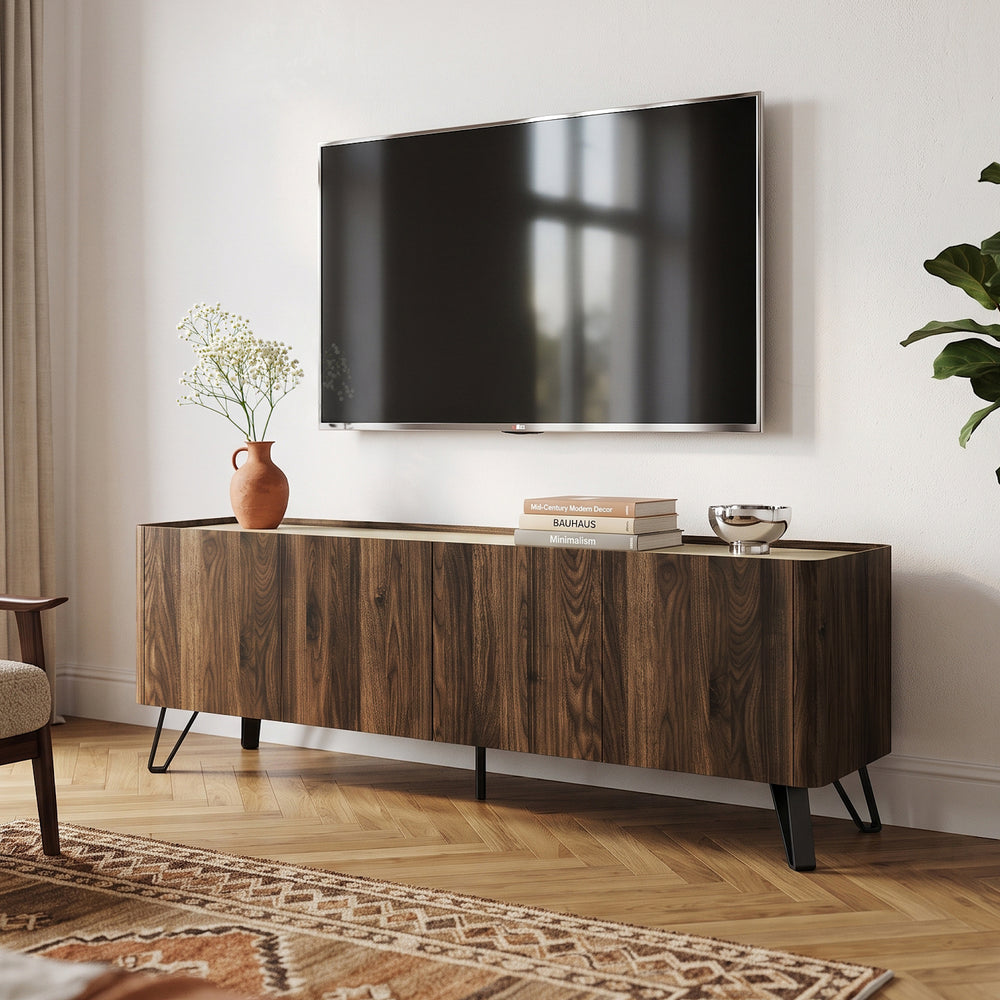 Mobile Porta TV Trorlon a 4 Ante 160x40x55 cm - Effetto Noce/Travertino [en.casa] 