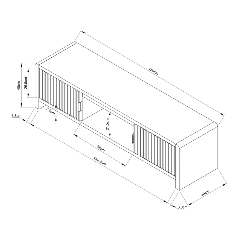Schizzo in scala Mobile TV Lukkodso con 2 Ante e Vano Centrale Aperto 150x40x40 cm [en.casa] 