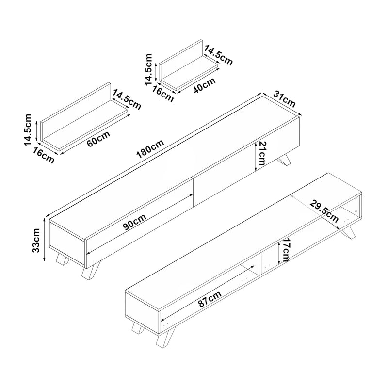 Schizzo in scala Set di Mobile TV e 2 Mensole da Muro Armadietto Porta TV 180 cm con 2 Ante a Ribalta e Mensole a Forma di L Lunghezze Diverse - Vari Colori [en.casa]