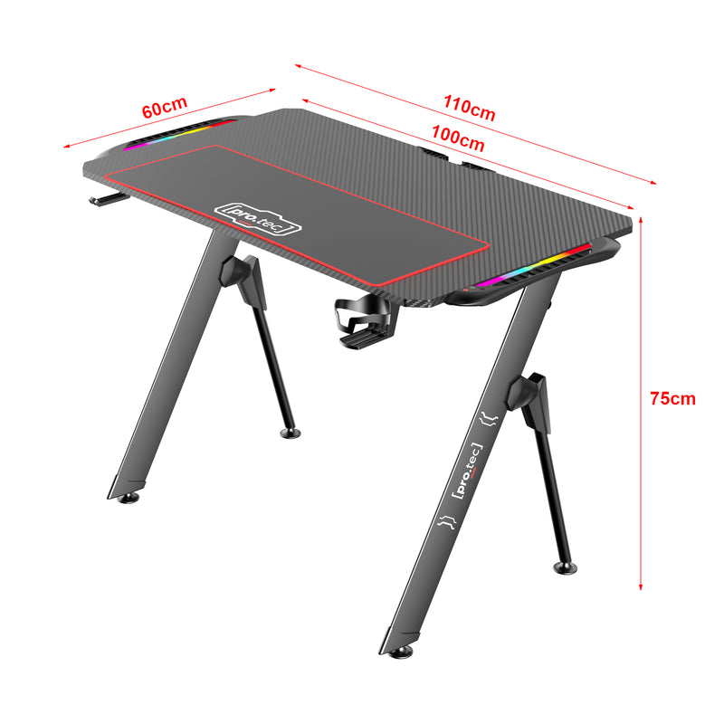 Schizzo in scala Scrivania da Gaming 'Stockton' con Tappetino per Mouse, Portaaccessori e Luci a LED, Piano in Varie Misure [pro.tec]