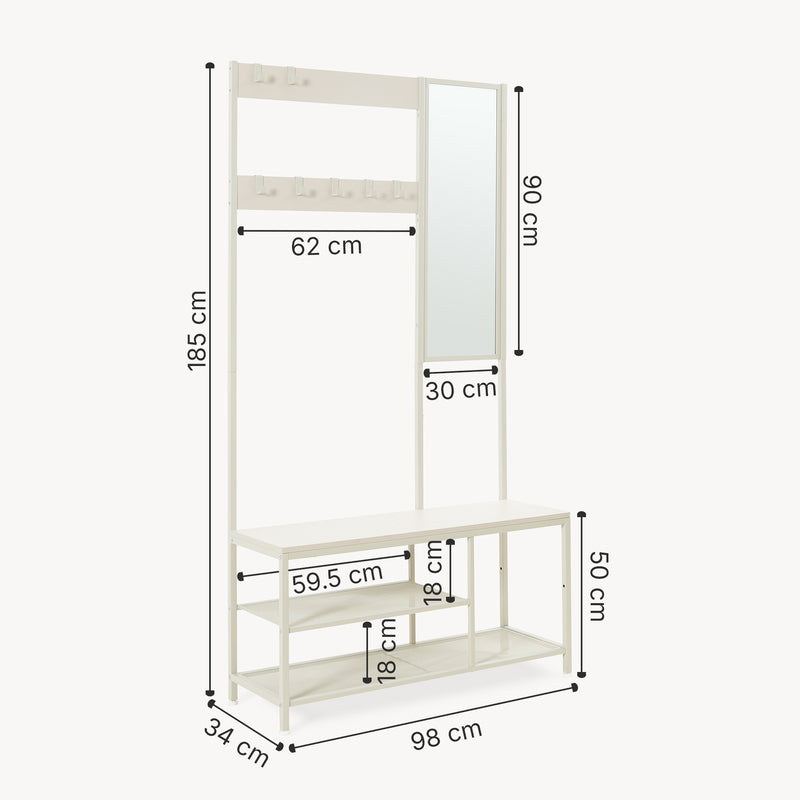 Schizzo in scala Stand Appendiabiti Napinerg con Specchio Panca e Scarpiera 185 x 98 x 34 cm [en.casa]