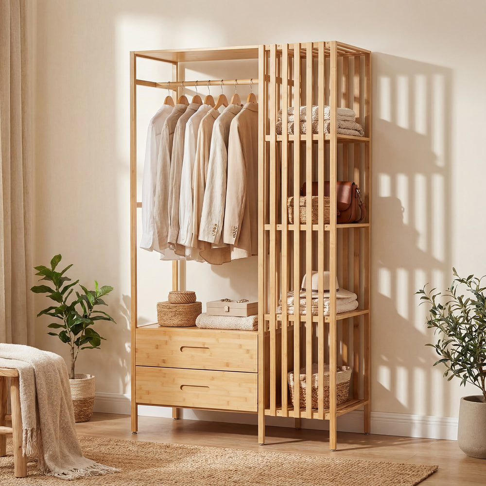 Stand Appendiabiti Varanger Armadio Aperto Guardaroba 185x100x45 cm - Bambù Naturale [en.casa] 