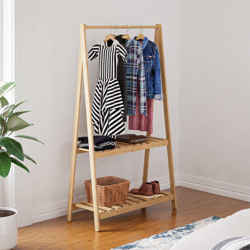 Stand Appendiabiti 'Ledøje' Organizzatore Guardaroba con Barra Porta Abiti e 2 Ripiani Struttura in Legno di Pino