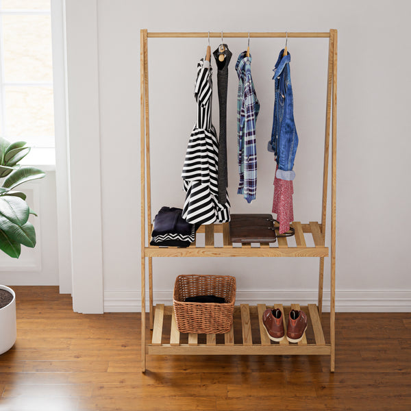 Stand Appendiabiti 'Ledøje' Organizzatore Guardaroba con Barra Porta Abiti e 2 Ripiani Struttura in Legno di Pino