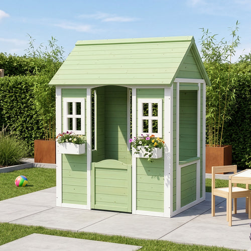 Casetta per bambini Kuoldsvin in legno di abete 144x102x90 cm Verde/Bianco [en.casa]