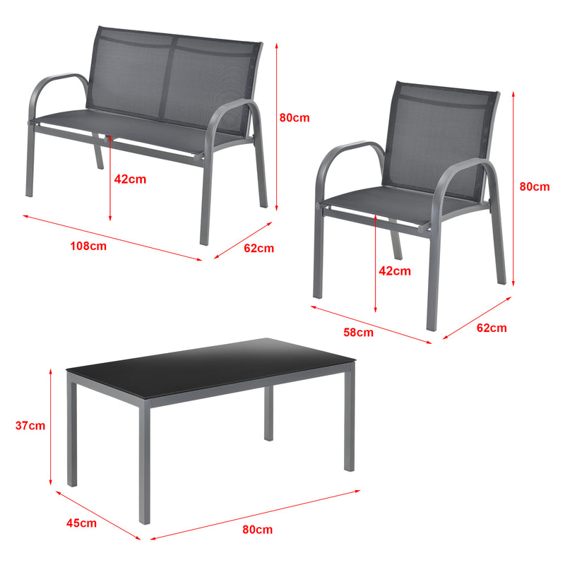 Schizzo in scala Set di Mobili da Giardino Fino a 4 Posti di Seduta Arredo Esterno Set Composto di 1 Divano e 2 Sedie con Braccioli e 1 Tavolino Basso con Piano in Vetro - Vari Colori