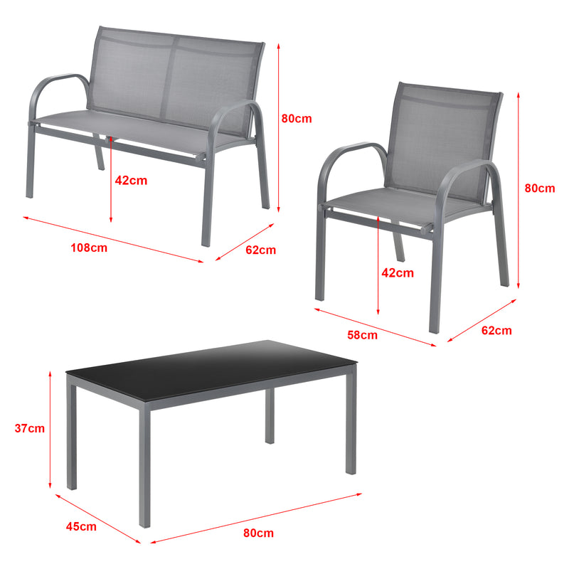 Schizzo in scala Set di Mobili da Giardino Fino a 4 Posti di Seduta Arredo Esterno Set Composto di 1 Divano e 2 Sedie con Braccioli e 1 Tavolino Basso con Piano in Vetro - Vari Colori