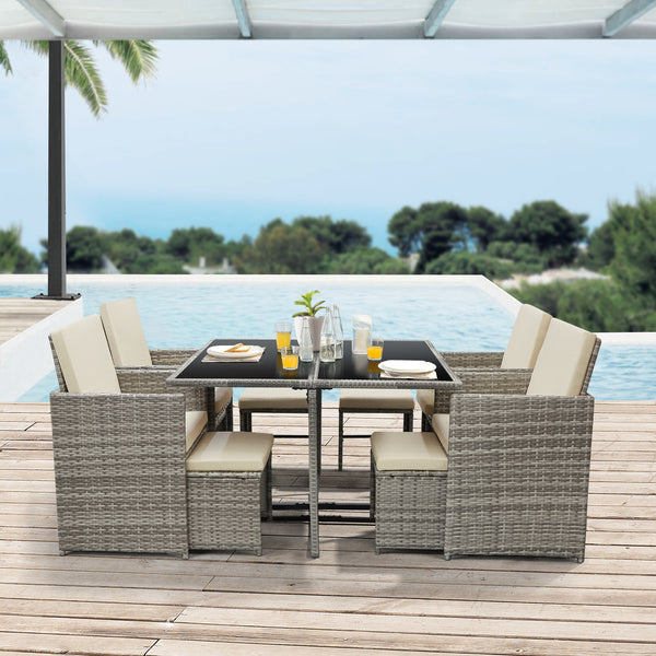 Set Mobili da Giardino/Terrazza Set Salottino Salvaspazio Composto di 1 Tavolo con Piano in Vetro, 4 Poltrone e 4 Pouf Arredo in Polyrattan per Uso Esterno con Cuscini - Vari Colori