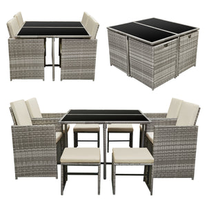 Set Mobili da Giardino/Terrazza Set Salottino Salvaspazio Composto di 1 Tavolo con Piano in Vetro, 4 Poltrone e 4 Pouf Arredo in Polyrattan per Uso Esterno con Cuscini - Vari Colori