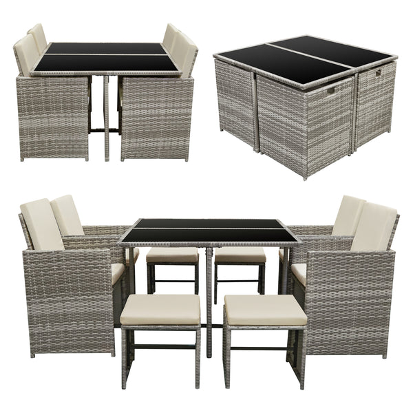 Set Mobili da Giardino/Terrazza Set Salottino Salvaspazio Composto di 1 Tavolo con Piano in Vetro, 4 Poltrone e 4 Pouf Arredo in Polyrattan per Uso Esterno con Cuscini - Vari Colori