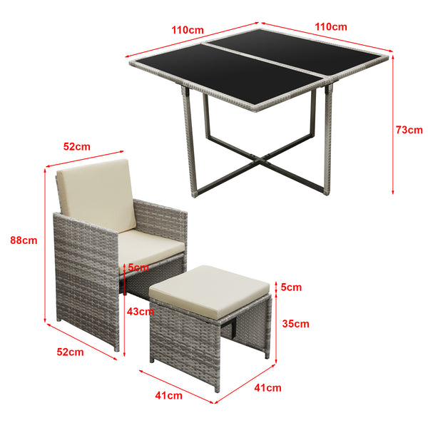 Set Mobili da Giardino/Terrazza Set Salottino Salvaspazio Composto di 1 Tavolo con Piano in Vetro, 4 Poltrone e 4 Pouf Arredo in Polyrattan per Uso Esterno con Cuscini - Vari Colori