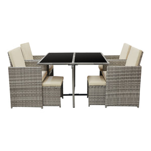 Set Mobili da Giardino/Terrazza Set Salottino Salvaspazio Composto di 1 Tavolo con Piano in Vetro, 4 Poltrone e 4 Pouf Arredo in Polyrattan per Uso Esterno con Cuscini - Vari Colori
