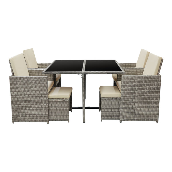 Set Mobili da Giardino/Terrazza Set Salottino Salvaspazio Composto di 1 Tavolo con Piano in Vetro, 4 Poltrone e 4 Pouf Arredo in Polyrattan per Uso Esterno con Cuscini - Vari Colori