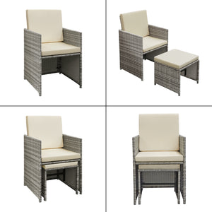 Set Mobili da Giardino/Terrazza Set Salottino Salvaspazio Composto di 1 Tavolo con Piano in Vetro, 4 Poltrone e 4 Pouf Arredo in Polyrattan per Uso Esterno con Cuscini - Vari Colori