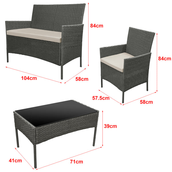 Set Salottino per Uso Esterno Mobili da Giardino/Terrazza Arredo in Polyrattan con Cuscini Set Composto di Tavolo con Piano in Vetro, Divano a 2 Posti e 2 Poltrone - Vari Colori  