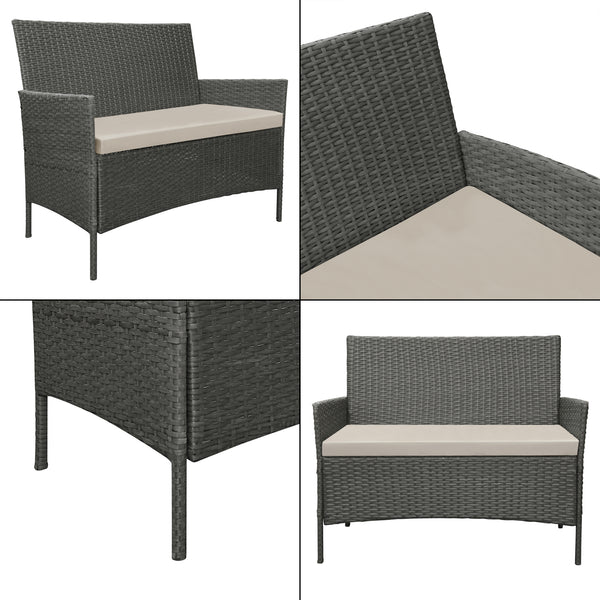 Set Salottino per Uso Esterno Mobili da Giardino/Terrazza Arredo in Polyrattan con Cuscini Set Composto di Tavolo con Piano in Vetro, Divano a 2 Posti e 2 Poltrone - Vari Colori  