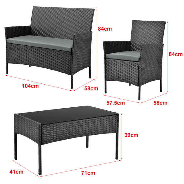 Set Salottino per Uso Esterno Mobili da Giardino/Terrazza Arredo in Polyrattan con Cuscini Set Composto di Tavolo con Piano in Vetro, Divano a 2 Posti e 2 Poltrone - Vari Colori  