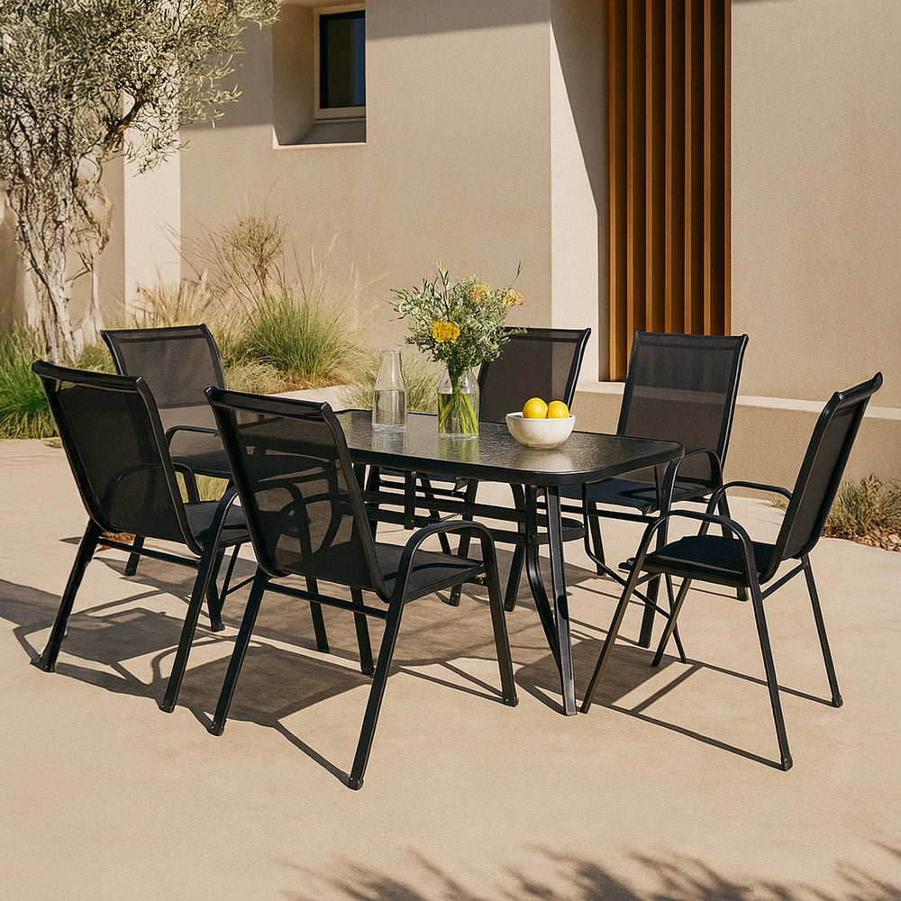 Set di Mobili da Giardino Aradeo Tavolo con Piano in Vetro e 6 Sedie Impilabili - Nero casa.pro