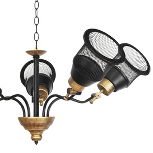 Lampadario a Bracci con Paralumi Reticolati e Regolabili in Verticale - Lampada da Soffitto in Metallo - Nero / color Oro Anticato - lux.pro
