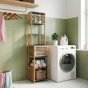 Scaffale da Bagno Kydesby in Bambù con Ripiani Aperti e Scomparto ad Anta [en.casa]