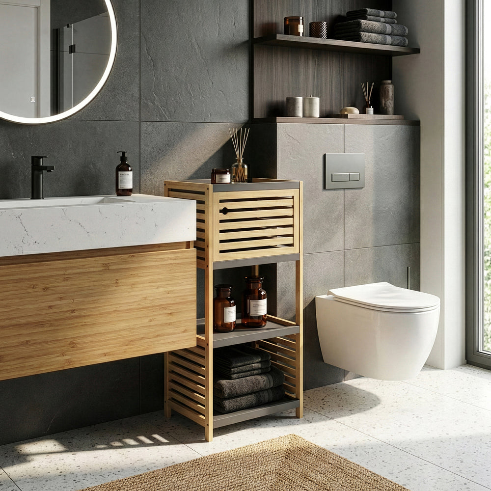 Scaffale da Bagno Kydesby in Bambù con Ripiani Aperti e Scomparto ad Anta [en.casa]