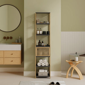 Scaffale da Bagno Kydesby in Bambù con Ripiani Aperti e Scomparto ad Anta [en.casa]
