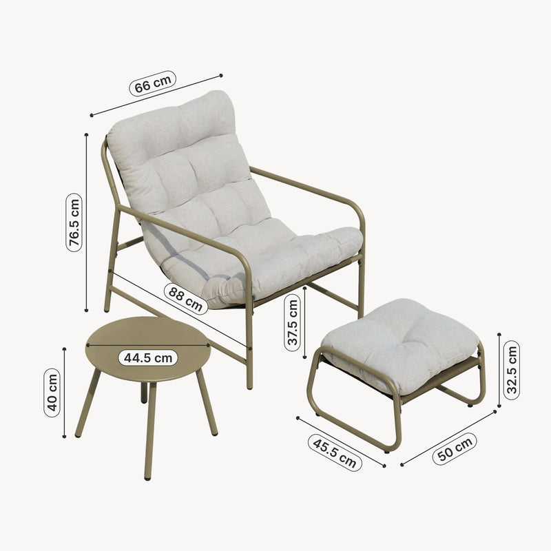 Schizzo in scala Set di 3 Mobili da Giardino Trerdfjoa Tavolino Rotondo Poltrona e Poggiapiedi [en.casa]