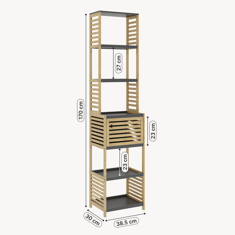 Schizzo in scala Scaffale da Bagno Kydesby in Bambù con Ripiani Aperti e Scomparto ad Anta [en.casa]