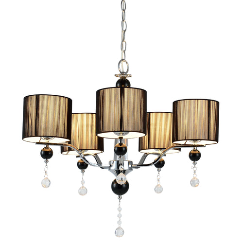 Lampadario con 5 Paralumi Cilindrici color Nero Lampada da Soffitto a 5 Bracci e Pendenti in Cristalli Artificiali - lux.pro
