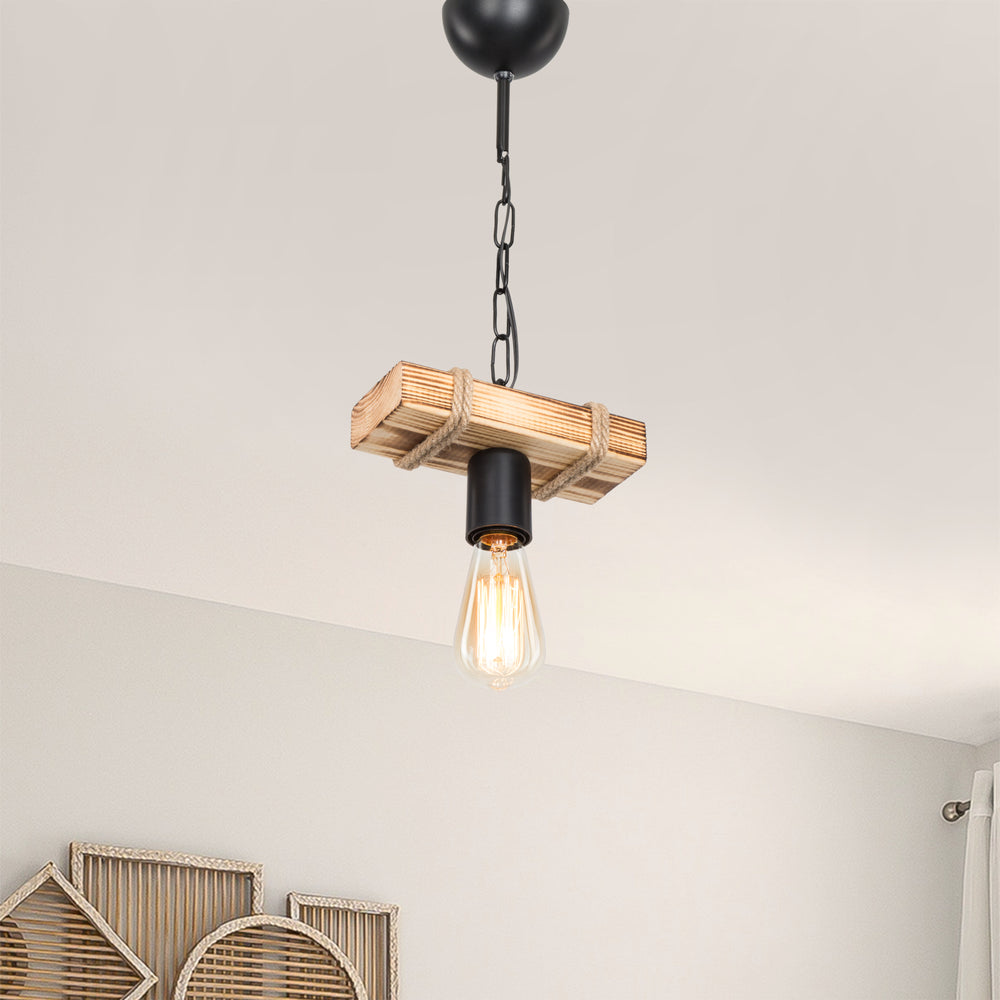 Lampada a sospensione Hemel E27 metallo legno massiccio corda di juta nero / effetto legno / color juta in diverse misure [lux.pro] - premiumXL