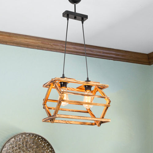 Lampada a Sospensione 'Kettering' con 2 o 3 Fonti di Luce - Paralume a Gabbia in Legno - Nero/Legno Naturale [lux.pro]