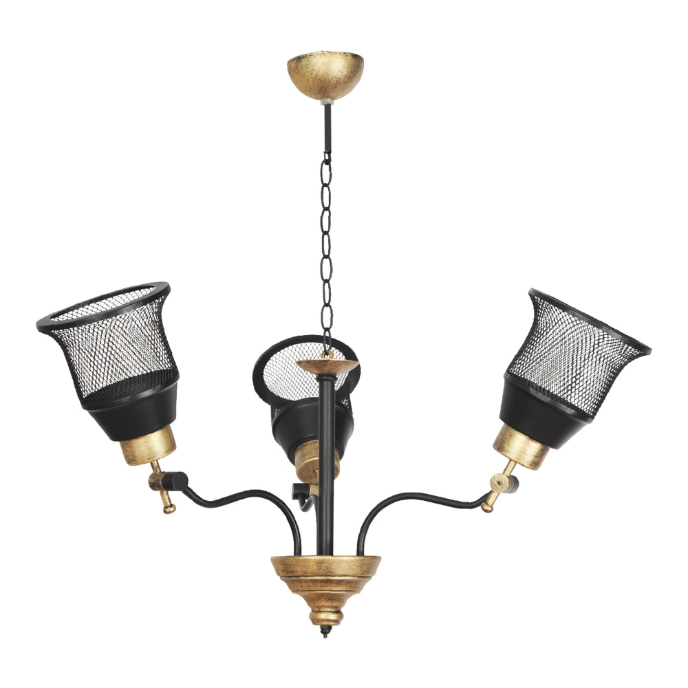 Lampadario a Bracci con Paralumi Reticolati e Regolabili in Verticale - Lampada da Soffitto in Metallo - Nero / color Oro Anticato - lux.pro