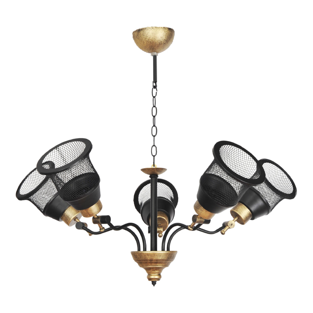 Lampadario a Bracci con Paralumi Reticolati e Regolabili in Verticale - Lampada da Soffitto in Metallo - Nero / color Oro Anticato - lux.pro