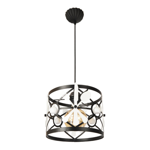 Lampada a Sospensione per Sala Pranzo Cucina Lampadario con Paralume Cilindrico con Disegno Posate e Pendenti Sferici - Nero / Bianco - lux.pro