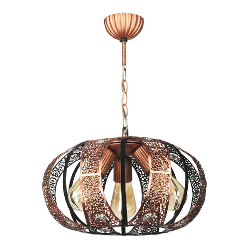 Lampada a Sospensione 'Harpenden' con 3 Fonti Luce Lampada da Soffitto con Paralume Sferico Ovale Struttura Semiaperta Lampadario Vintage - color Rame - lux.pro