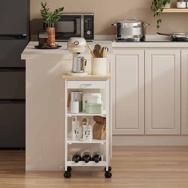 Carrello Portaoggetti Biel con Cassetto 3 Ripiani e Griglia Portabottiglie 76x37x37 cm [en.casa] 