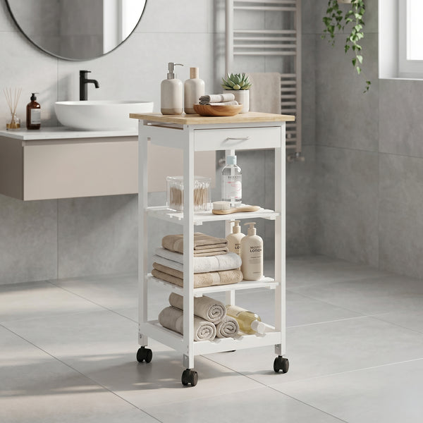 Carrello Portaoggetti Biel con Cassetto 3 Ripiani e Griglia Portabottiglie 76x37x37 cm [en.casa] 