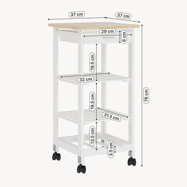 Carrello Portaoggetti Biel con Cassetto 3 Ripiani e Griglia Portabottiglie 76x37x37 cm [en.casa] 