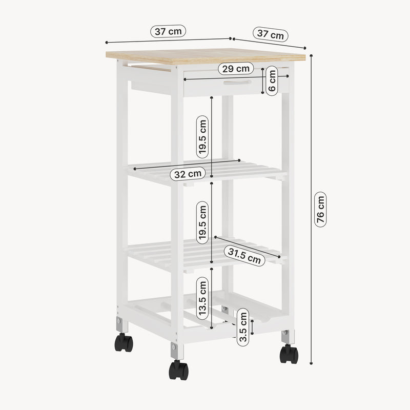 Schizzo in scala Carrello Portaoggetti Biel con Cassetto 3 Ripiani e Griglia Portabottiglie 76x37x37 cm [en.casa] 