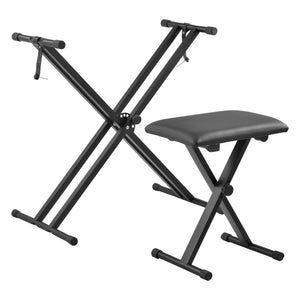 Set Composto di Supporto per Tastiera Musicale e Panca Imbottita in Similpelle, Costruzione Pieghevole e Regolabile in Altezza, Telaio in Ferro con Gomma Antiscivolo - Nero