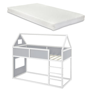 Letto a Castello con Scaletta per Bambini 90 x 200 cm Struttura Letto in Legno a Forma di Casetta con Materasso a Schiuma Fredda