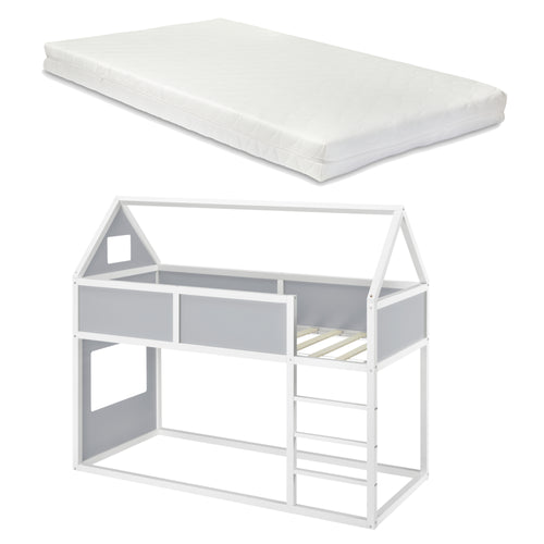 Letto a Castello con Scaletta per Bambini 90 x 200 cm Struttura Letto in Legno a Forma di Casetta con Materasso a Schiuma Fredda