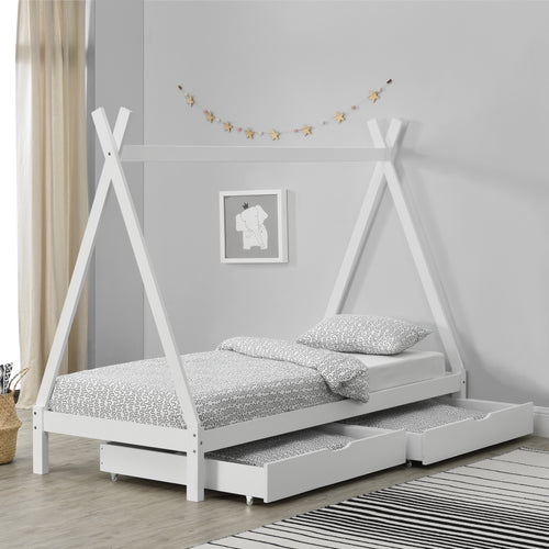 Lettino a Forma di Tenda Indiana con 2 Cassetti Portaoggetti Lettino 90 x 200 cm Montessori Lettino Tipi in Legno di Pino