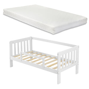 Letto per Bambino con Materasso a Schiuma Fredda 140x70 / 160x80 / 200x90 cm Lettino in Legno di Pino con Corrimano Laterale e Piedini Alti - Vari Colori