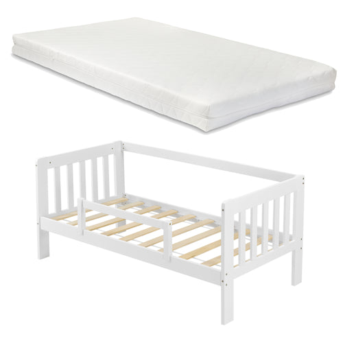 Letto per Bambino con Materasso a Schiuma Fredda 140x70 / 160x80 / 200x90 cm Lettino in Legno di Pino con Corrimano Laterale e Piedini Alti - Vari Colori